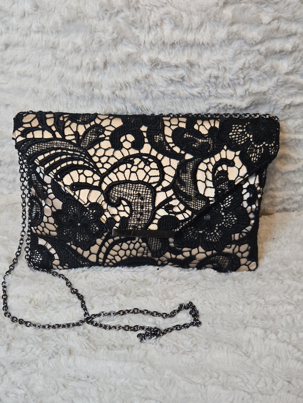 INC Elegant Black Lace Overlay Clutch with Nude Underlay